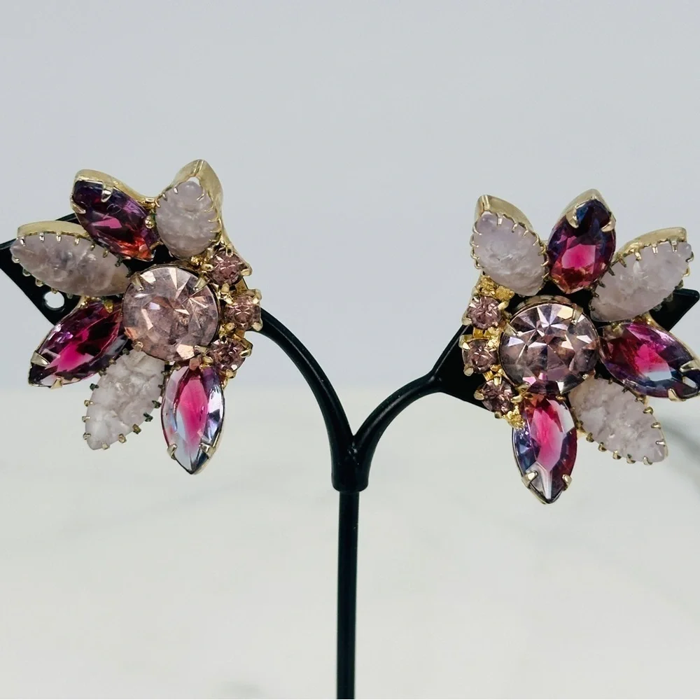 Vintage 1950s Brooch & Clip Earrings Set Amethyst & Frosted Rhinestone Marquise